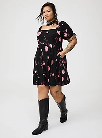 Mini Tie Puff-Sleeve Dress