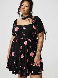 Mini Tie Puff-Sleeve Dress
