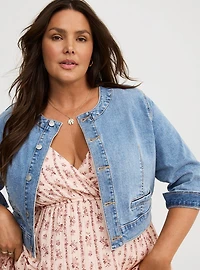 Cropped Collarless Denim Jacket