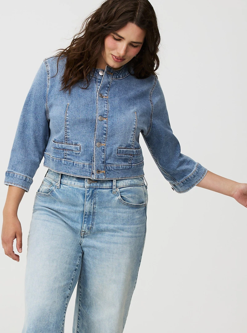Cropped Collarless Denim Jacket