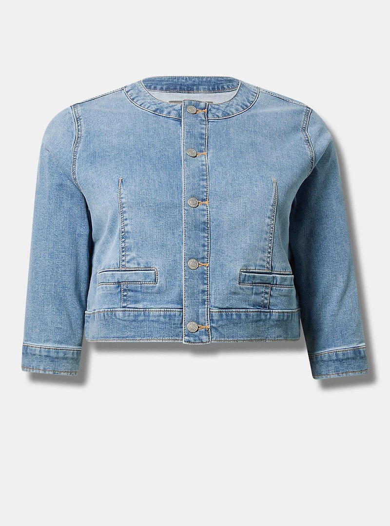 Cropped Collarless Denim Jacket