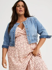 Cropped Collarless Denim Jacket