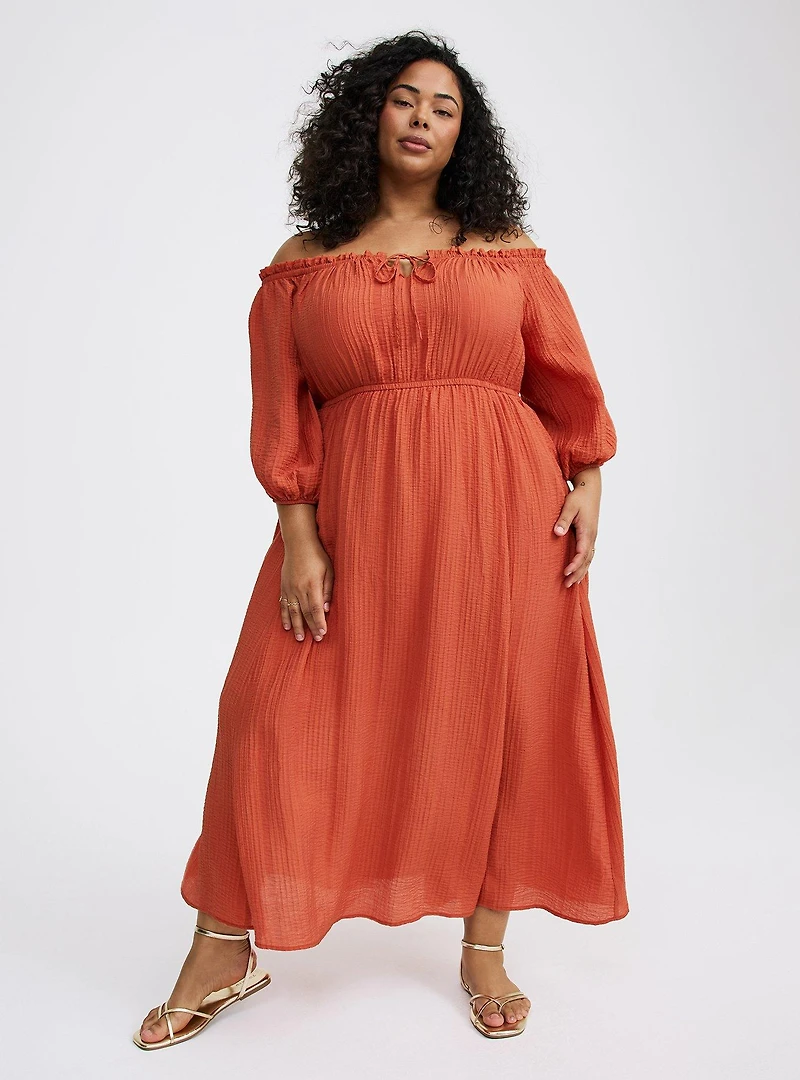 Textured Viscose Off-Shoulder Maxi Dress