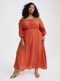 Textured Viscose Off-Shoulder Maxi Dress