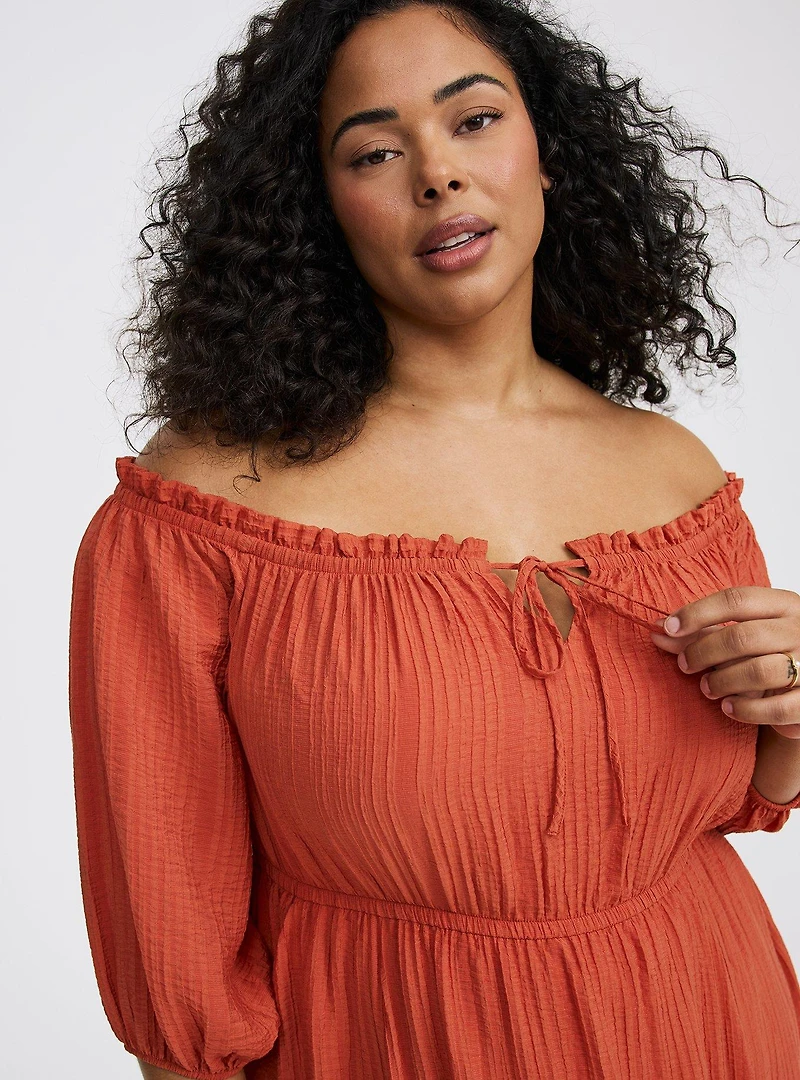 Textured Viscose Off-Shoulder Maxi Dress