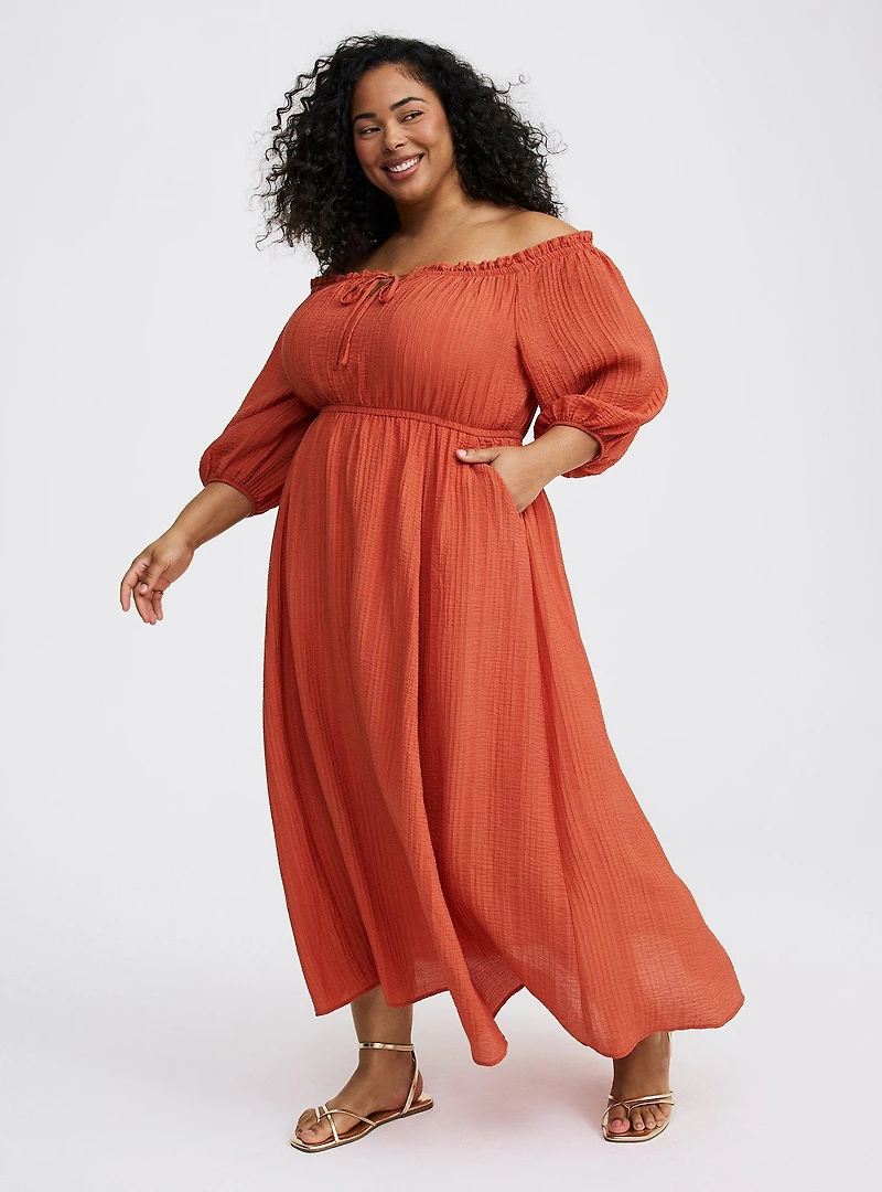 Textured Viscose Off-Shoulder Maxi Dress
