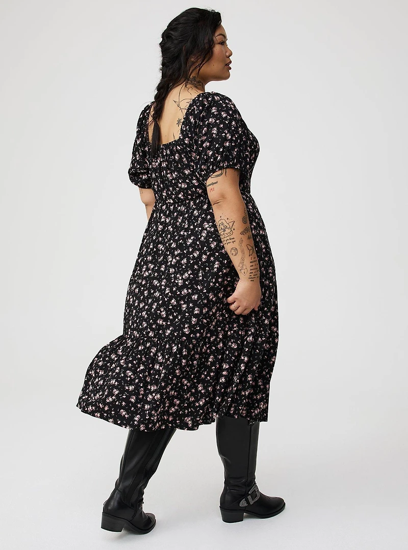 Midi Puff-Sleeve Tiered Dress