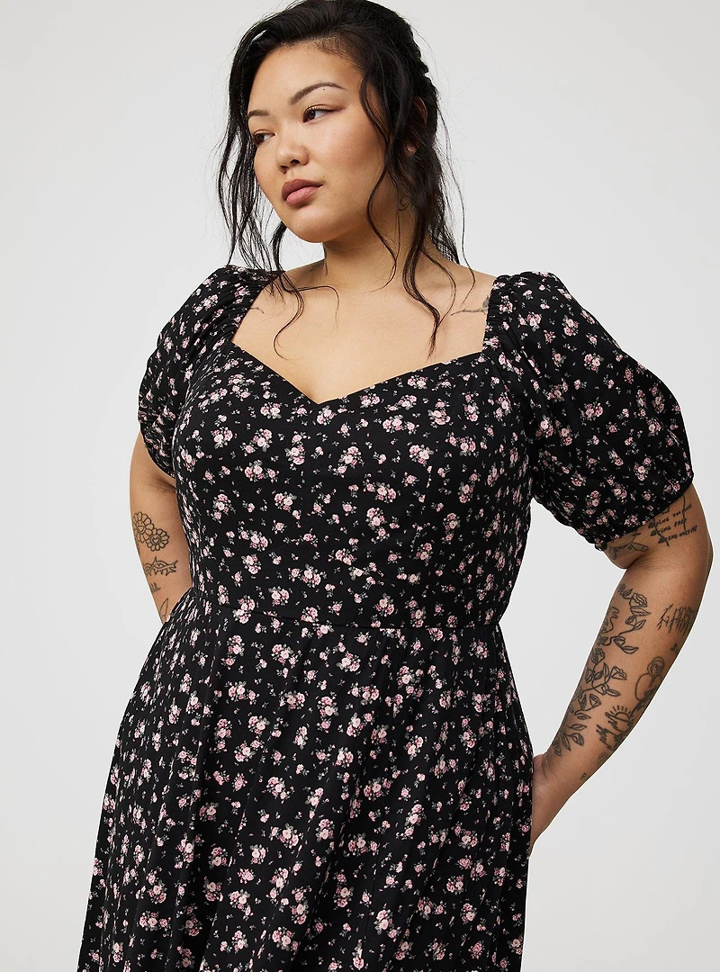 Midi Puff-Sleeve Tiered Dress