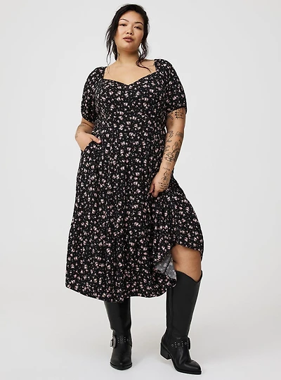 Midi Puff-Sleeve Tiered Dress