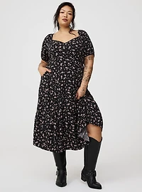 Midi Puff-Sleeve Tiered Dress