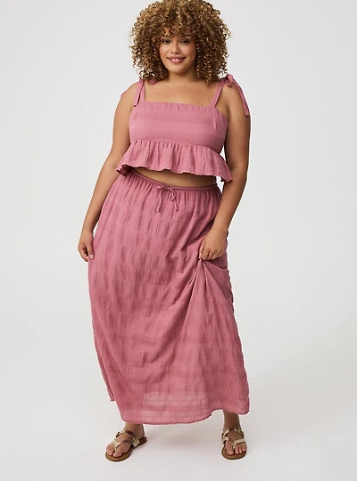Textured Cotton Peplum Top Skirt Set