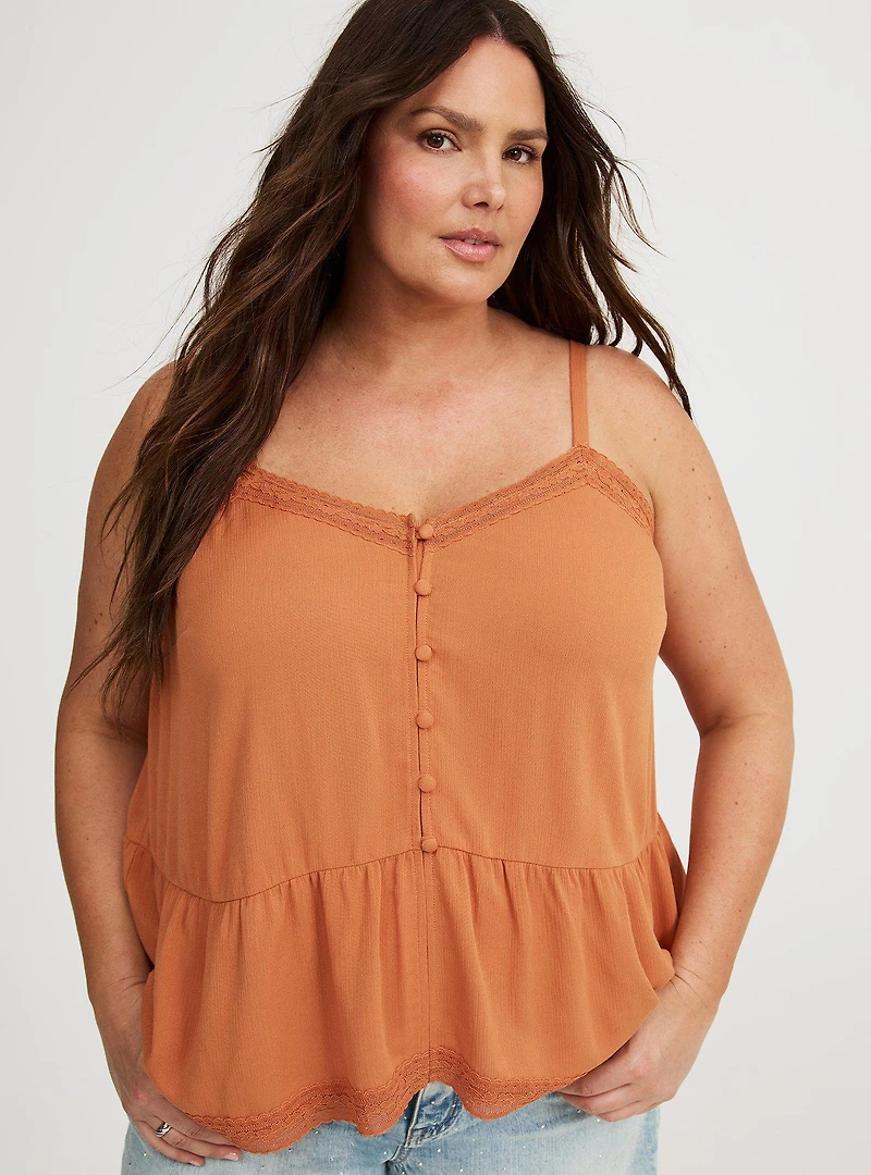 Crinkle Gauze Lace-Trim Tiered Cami