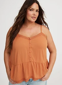 Crinkle Gauze Lace-Trim Tiered Cami