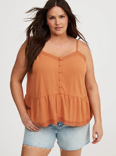 Crinkle Gauze Lace-Trim Tiered Cami