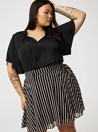 Satin Tie-Front Ruffle-Neck Blouse