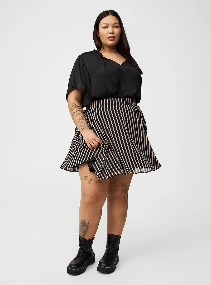 Satin Tie-Front Ruffle-Neck Blouse