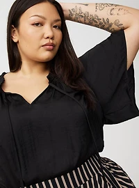 Satin Tie-Front Ruffle-Neck Blouse
