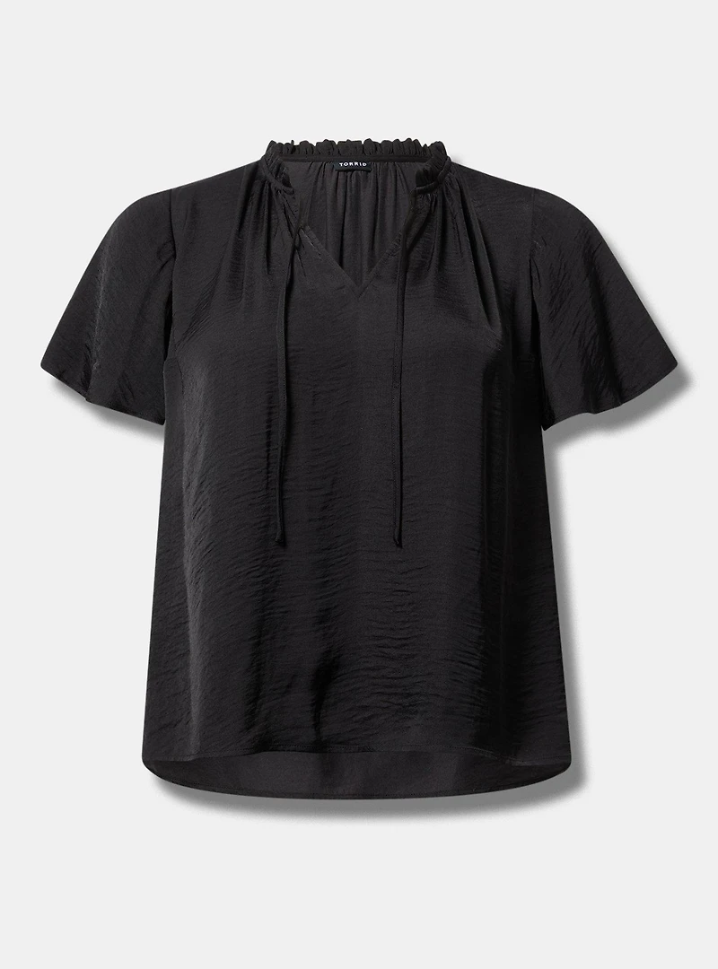 Satin Tie-Front Ruffle-Neck Blouse