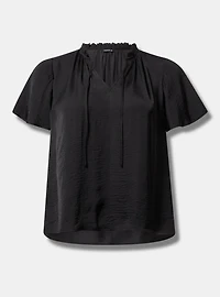 Satin Tie-Front Ruffle-Neck Blouse