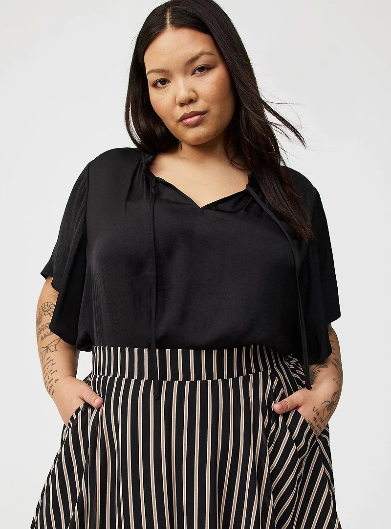 Satin Tie-Front Ruffle-Neck Blouse