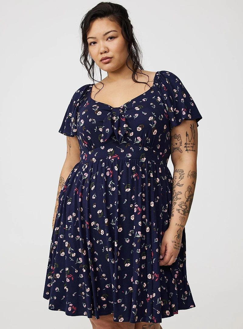 Mini Flutter-Sleeve Tie-Front Dress