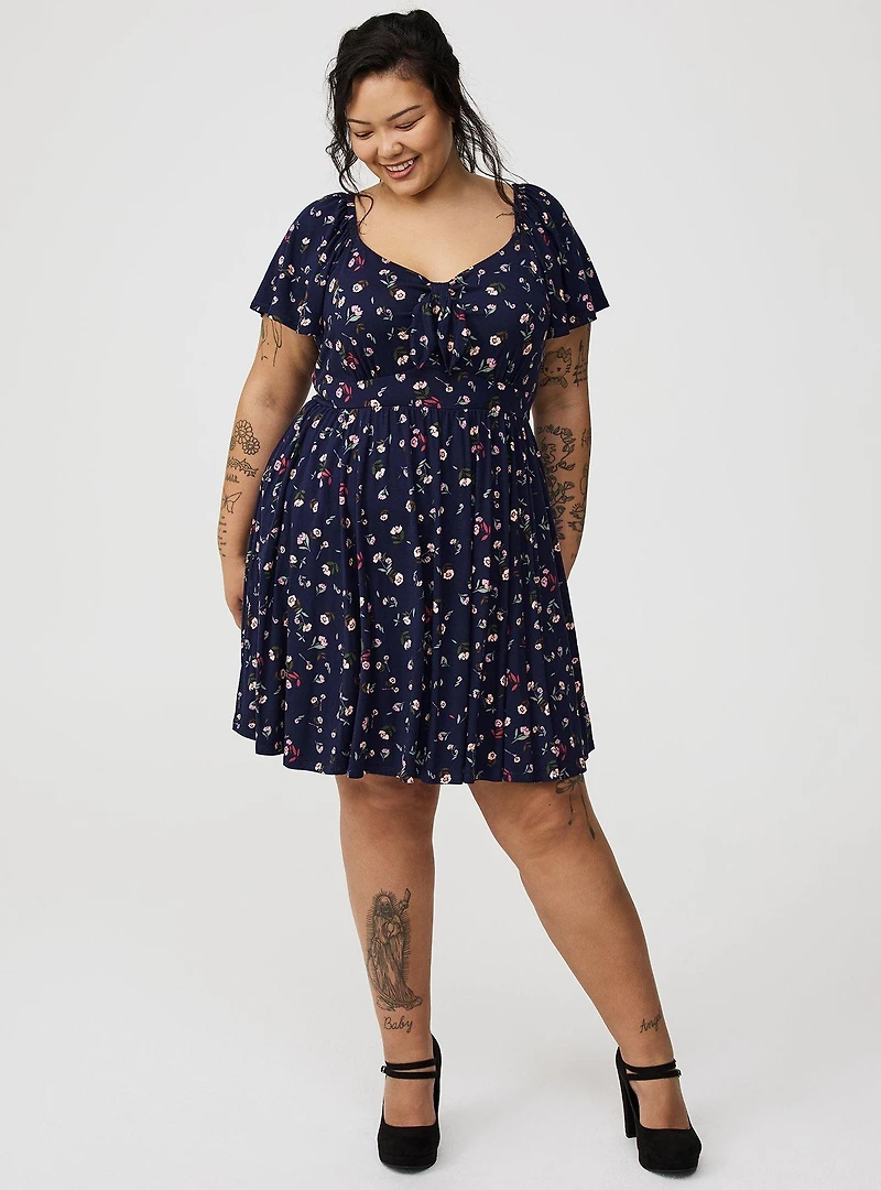 Mini Flutter-Sleeve Tie-Front Dress