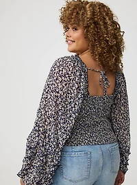 Chiffon Ruffle Long-Sleeve Crop Top
