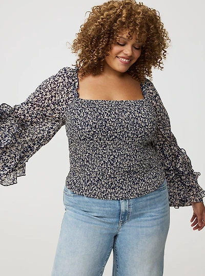 Chiffon Ruffle Long-Sleeve Crop Top