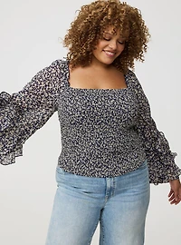 Chiffon Ruffle Long-Sleeve Crop Top