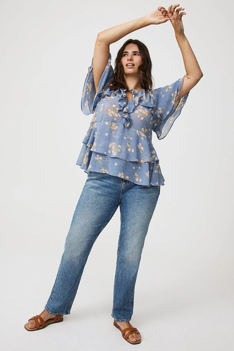 Tie Front Tiered Ruffle Blouse