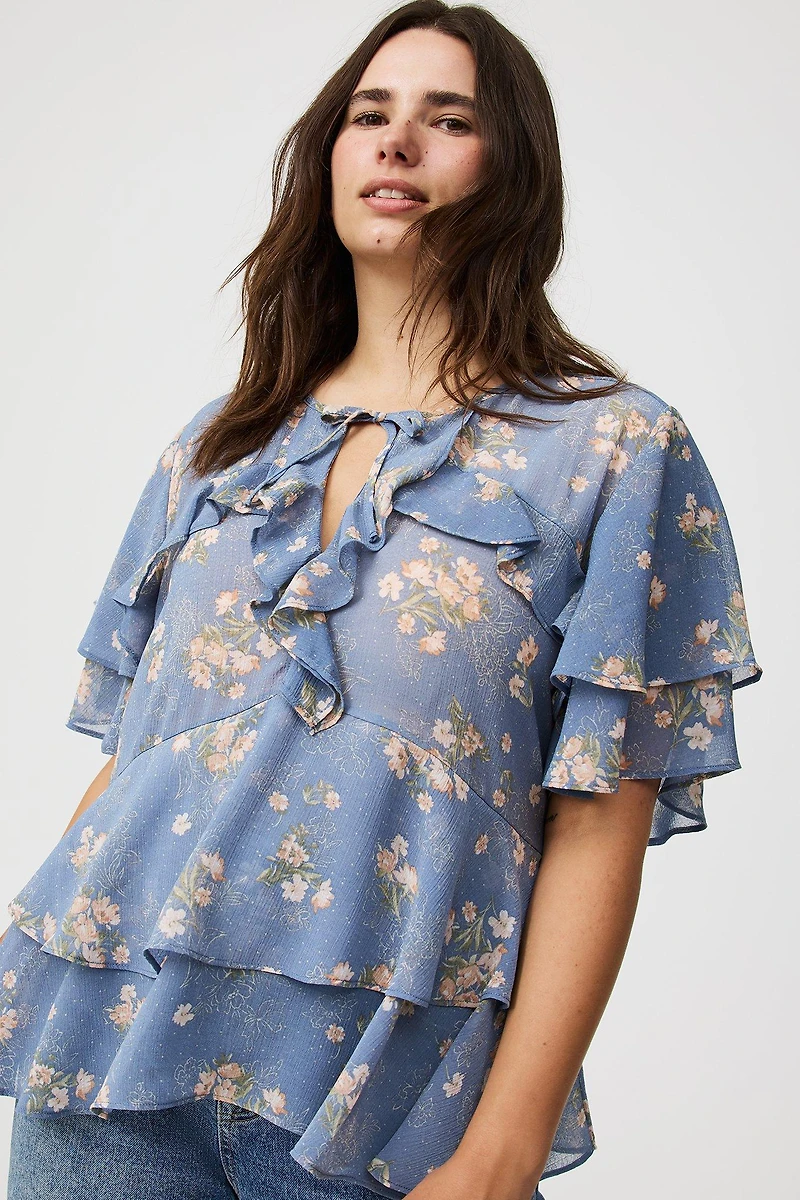 Tie Front Tiered Ruffle Blouse
