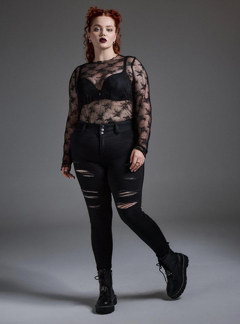 Sheer Lace Crew Long Sleeve Top