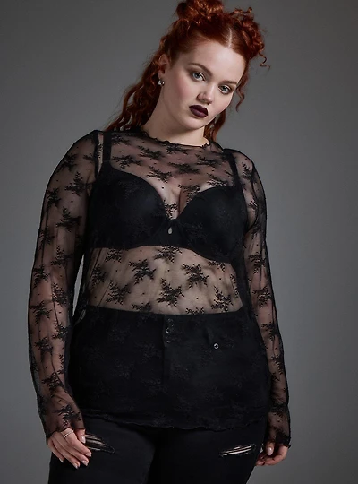 Sheer Lace Crew Long Sleeve Top