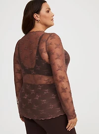 Sheer Lace Crew Long Sleeve Top
