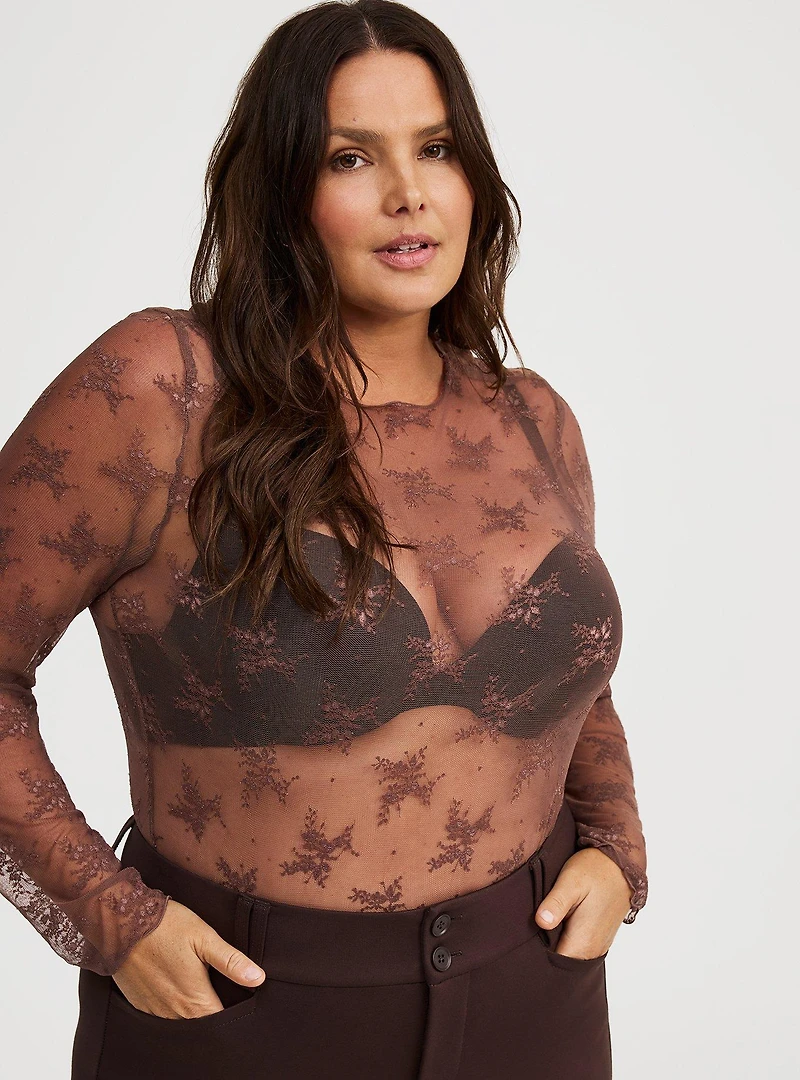 Sheer Lace Crew Long Sleeve Top