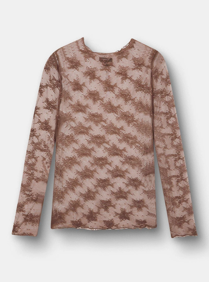 Sheer Lace Crew Long Sleeve Top