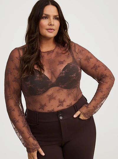 Sheer Lace Crew Long Sleeve Top