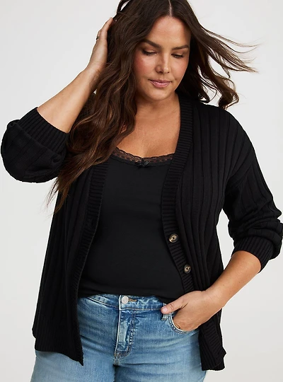 Rib Button-Front Cardigan