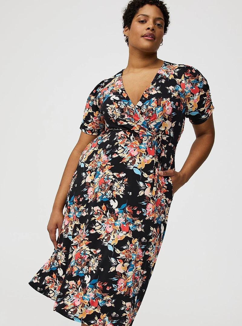 Midi Cinch-Sleeve Surplice Dress