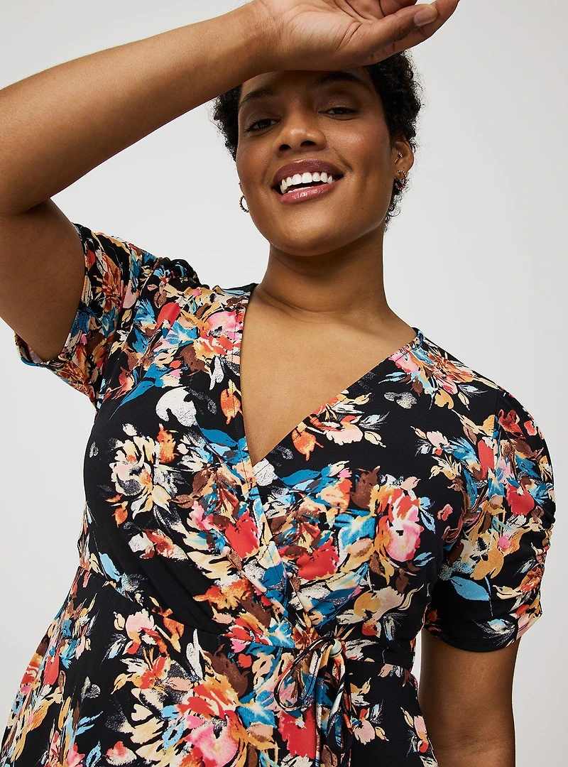 Midi Cinch-Sleeve Surplice Dress