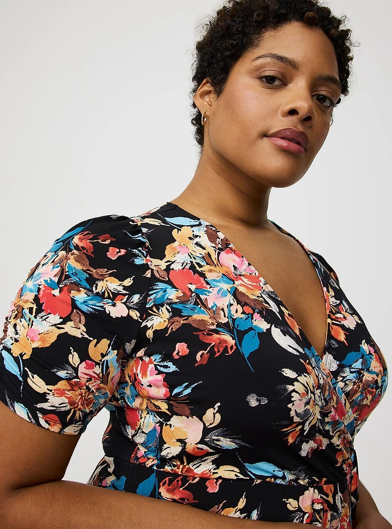 Midi Cinch-Sleeve Surplice Dress
