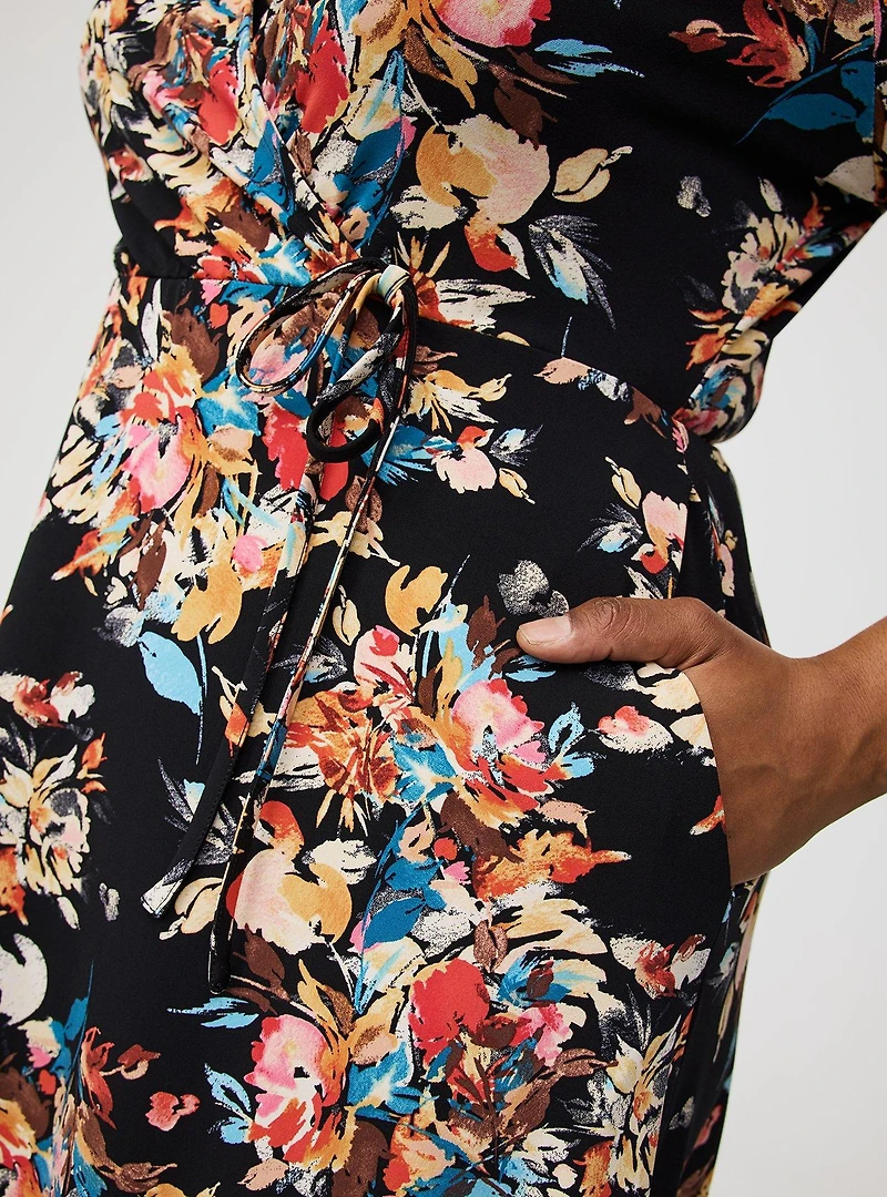 Midi Cinch-Sleeve Surplice Dress