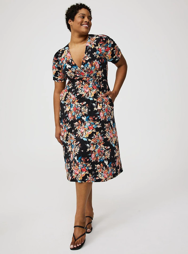 Midi Cinch-Sleeve Surplice Dress