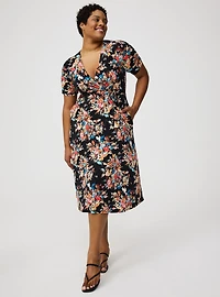 Midi Cinch-Sleeve Surplice Dress