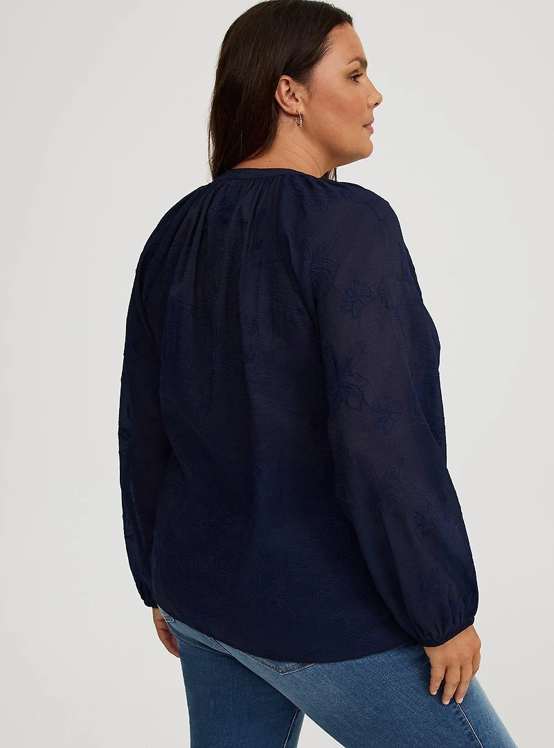 Embroidered Tie-Front Blouse