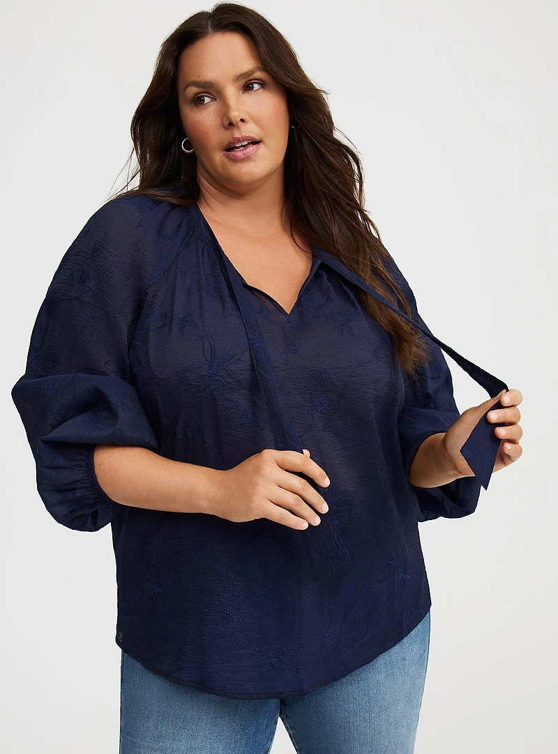 Embroidered Tie-Front Blouse