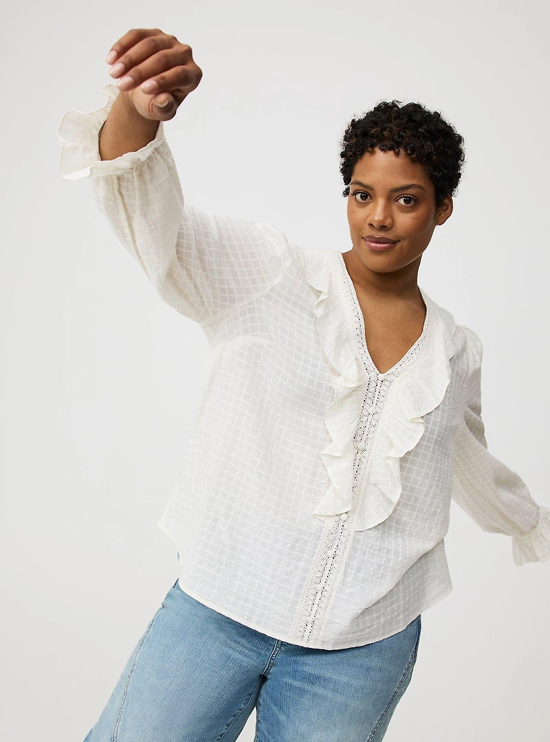 Button-Front Ruffle Blouse