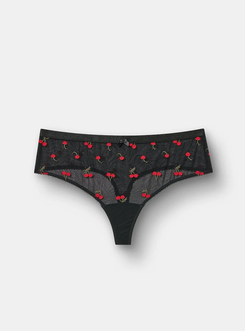 Mesh Mid-Rise Embroidered Thong Panty