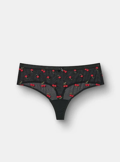 Mesh Mid-Rise Embroidered Thong Panty