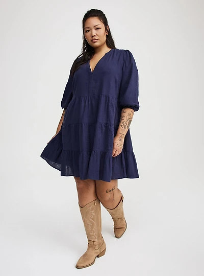 Y-Neck Tiered Mini Dress